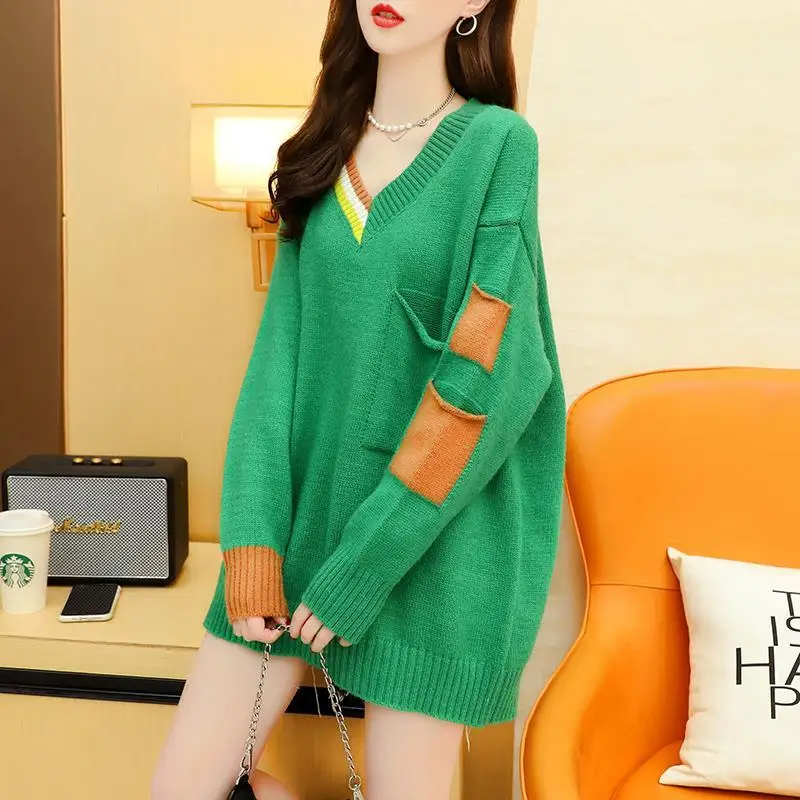 

DAYIFUN Oversize Sweater Contrast Color V-neck Pullover Pockets Knit Korean Jumper Puff Long Sleeve Top Winter Top Sweaters