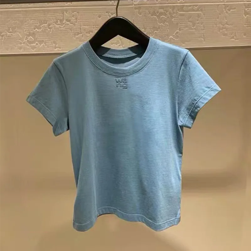 Fashion Simple Letter Print Pure Cotton T-shirt Women 2023 Summer O-Neck Short-Sleeve Tshirt Top Lady All-Matching Slim Fit Tees