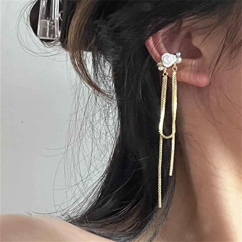 

New Flower Long Tassel Simulated Pearl Earrings for Women Korean White Rose Gold Color Chain Clip On Earring No Piercing Jewelry