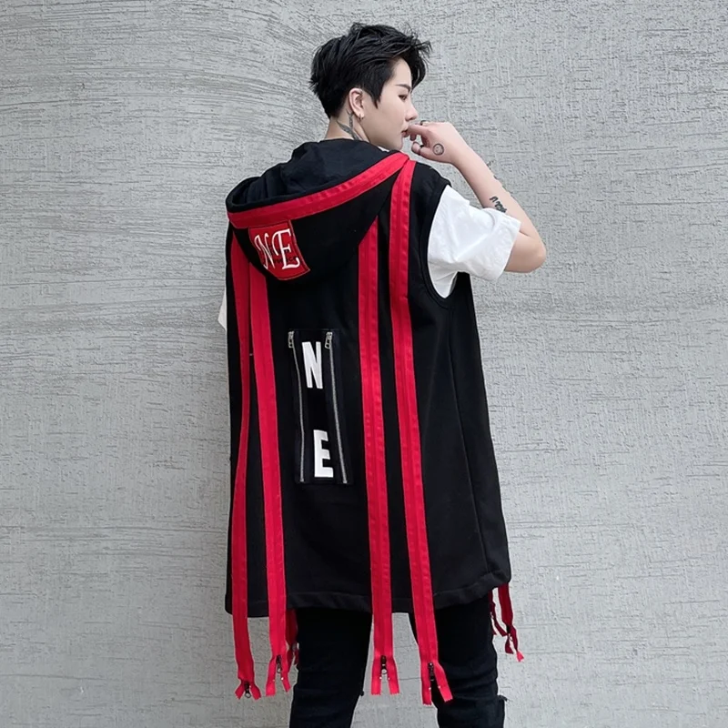

Men Fashion Spring New Zipper Decoration Hooded Vest Outerwear Summer Male Handsome Trendy Waistcoat Brand Hip-hop Show Jackets