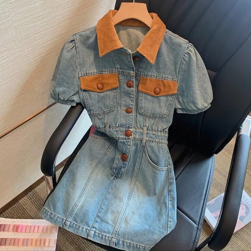 

Fashion Contrast Color Stitching Denim Dress Women Summer Lapel Short Sleeve Slim A-Line Dress q65
