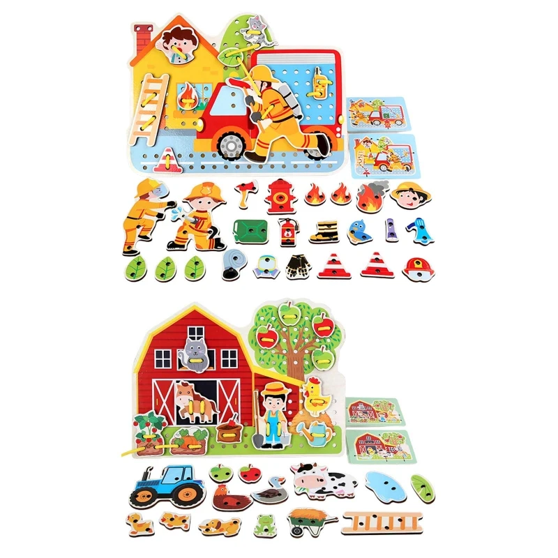 

Wooden Threading Farm/Fireman Game Toys Table Portable Montessori Travel Toys