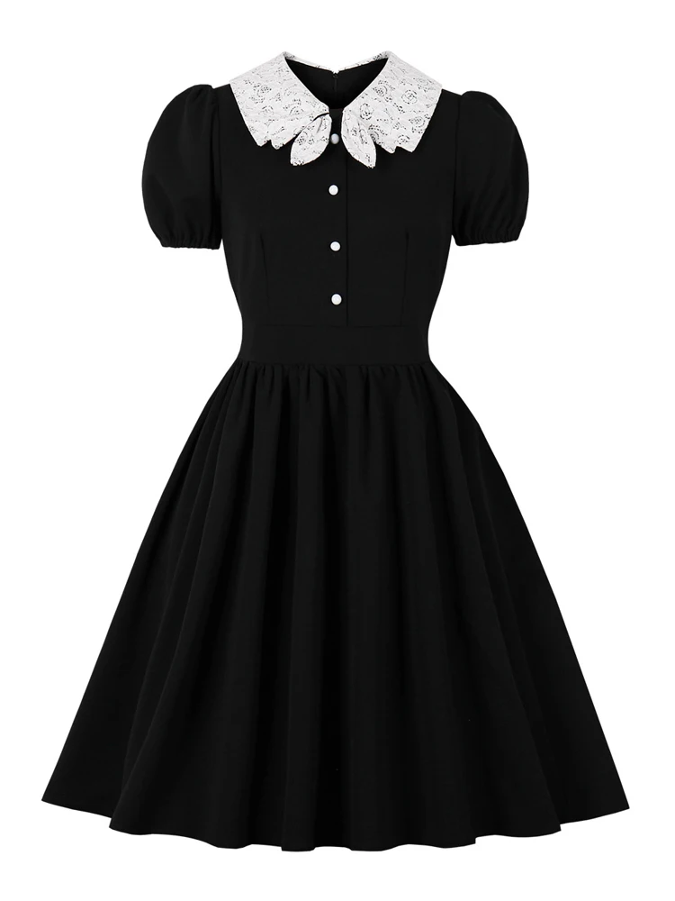 

Puff Sleeve Black 1950s Style Elegant Dresses Women Contrast Lace Collar Button Front Summer Vintage Style Slim Pleated Dress