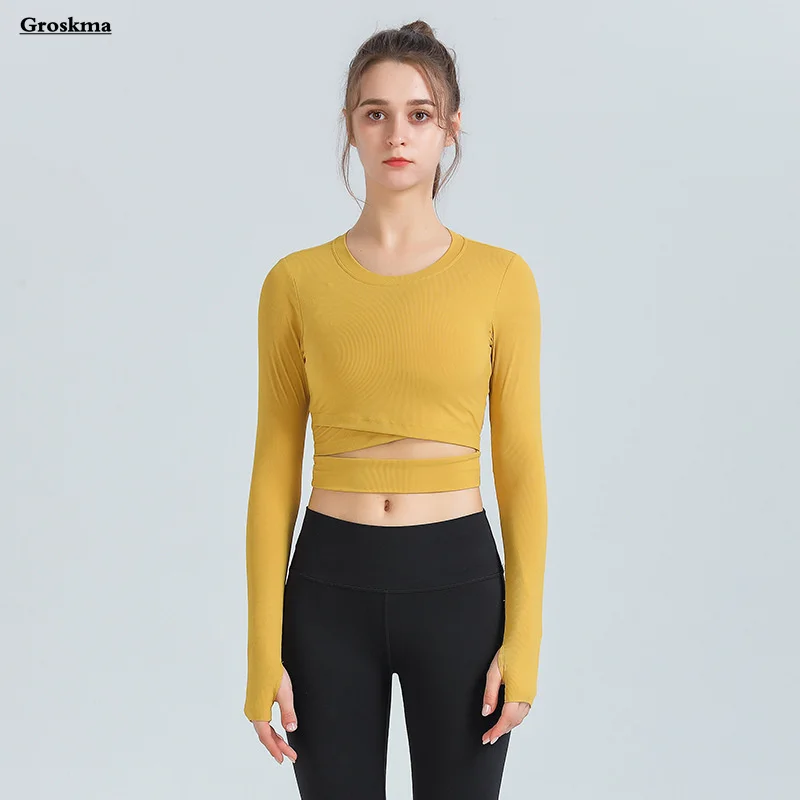 

Quick Dry Women Yoga Shirts Fitness Gym Long Sleeve Crop Tops Cross Hollow Out Workout Sportswear Clothing Ropa Deportiva