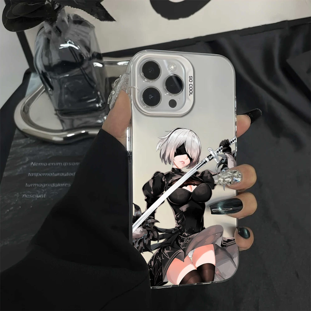 Fictional character 2B Electroplated Silver IMD Laser Phone Case For iPhone 16 12 13 14 15 Pro Max Plus Color Soft Shell