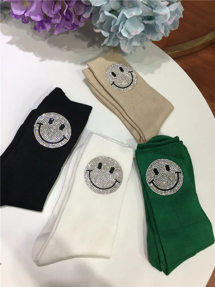 Smiley Hot Drilling Cuteness Women Socks Age Reduction All-match High-quality Pure Cotton Mid-tube Hose Sports Long Stocking