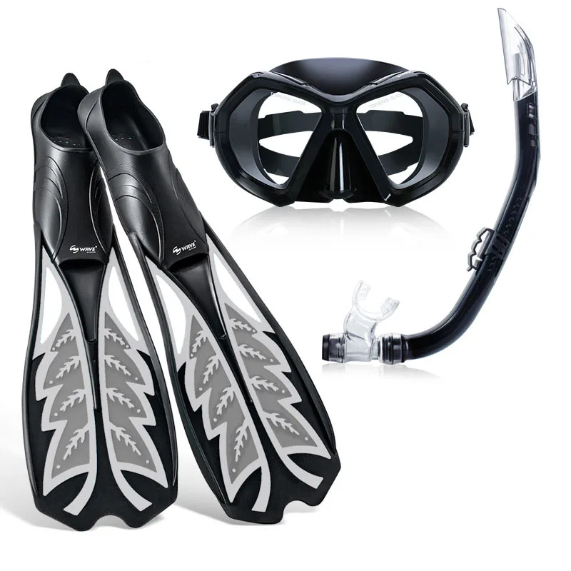 Water Sports Swim Adjustable Snorkeling Fins Semi-Dry Snorkel Diving Set Non-Slip Snap Tempered Glass Mirror Non-Slip Sole