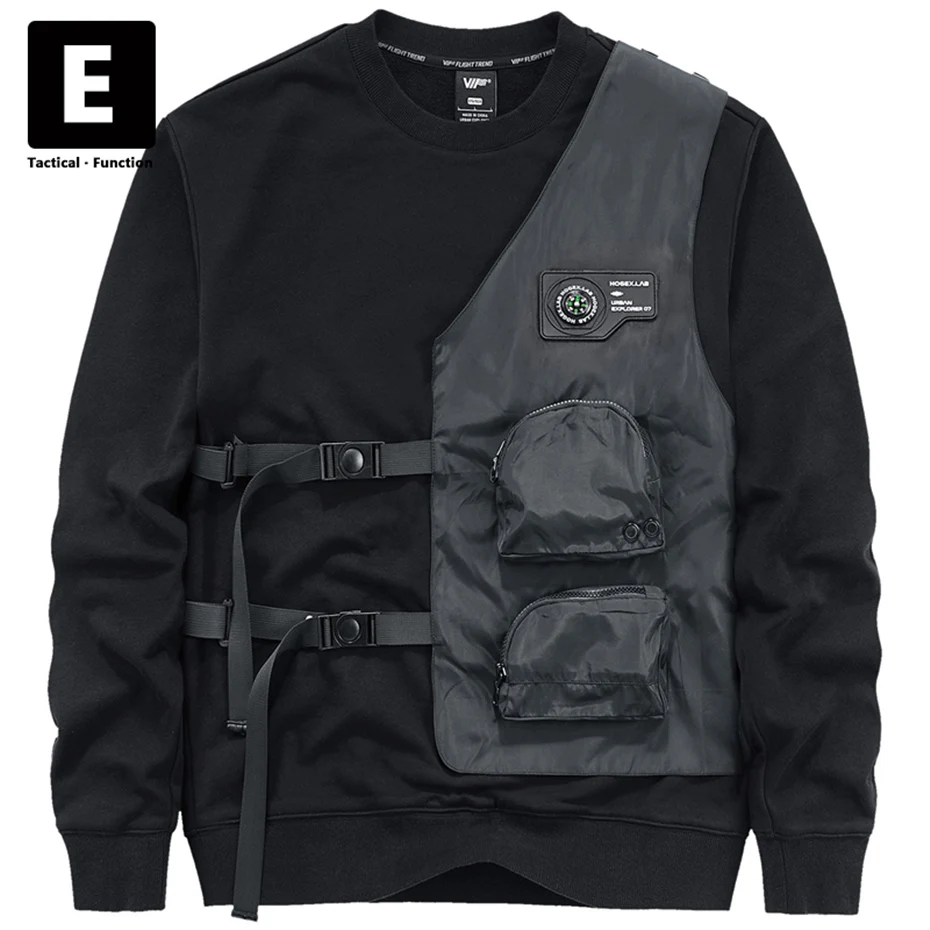 Compass Sweatshirt Men Techwear Cargo Sweatshirt Spring Autumn Long Sleeve Pullover Male Detachable Pocket Patchwork Design
