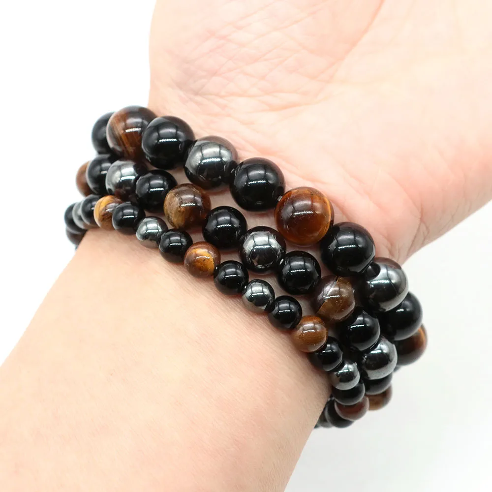 Браслет с тройной защитой натуральный гематит обсидиан тигровый глаз каменные