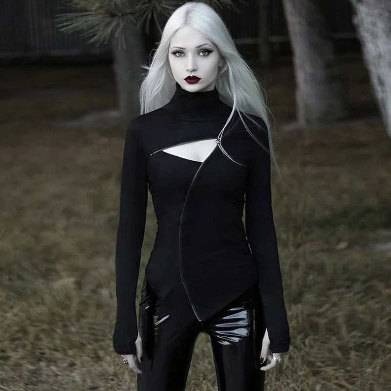 

Rosetic Designed Fashion Women Goth Long Sleeve T-shirt Solid Color Hollow Out Patchwork High Collar Slim Pullover Gothic Tops