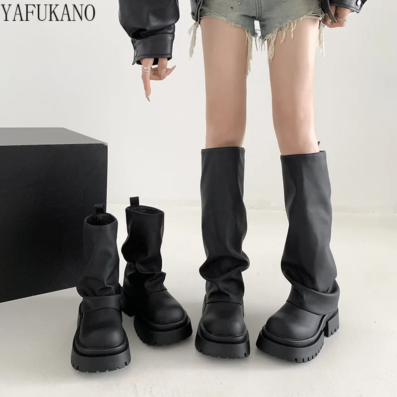 Женские сапоги до колена на толстом каблуке размер 35 - 43 цвет черный/коричневый