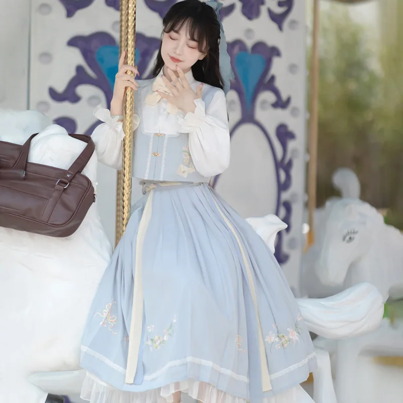

Original Design Women's 3PCS Set Chinese Hanfu Style Long Sleeve Shirt Blouse & Vest & Long Skirt Green & Lavendar