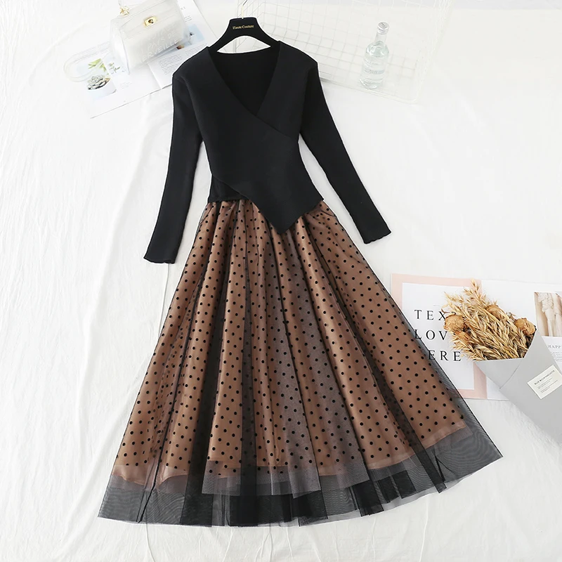 

Aibeautyer New Spring Autumn Women Elegant V-neck Long Sleeve Dress Lady Slim Polka Dot A-line Dress Knitting Patchwork Dress