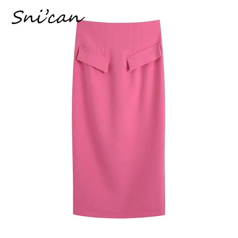 Однотонная розовая офисная фотосессия модная весенняя юбка средней длины с