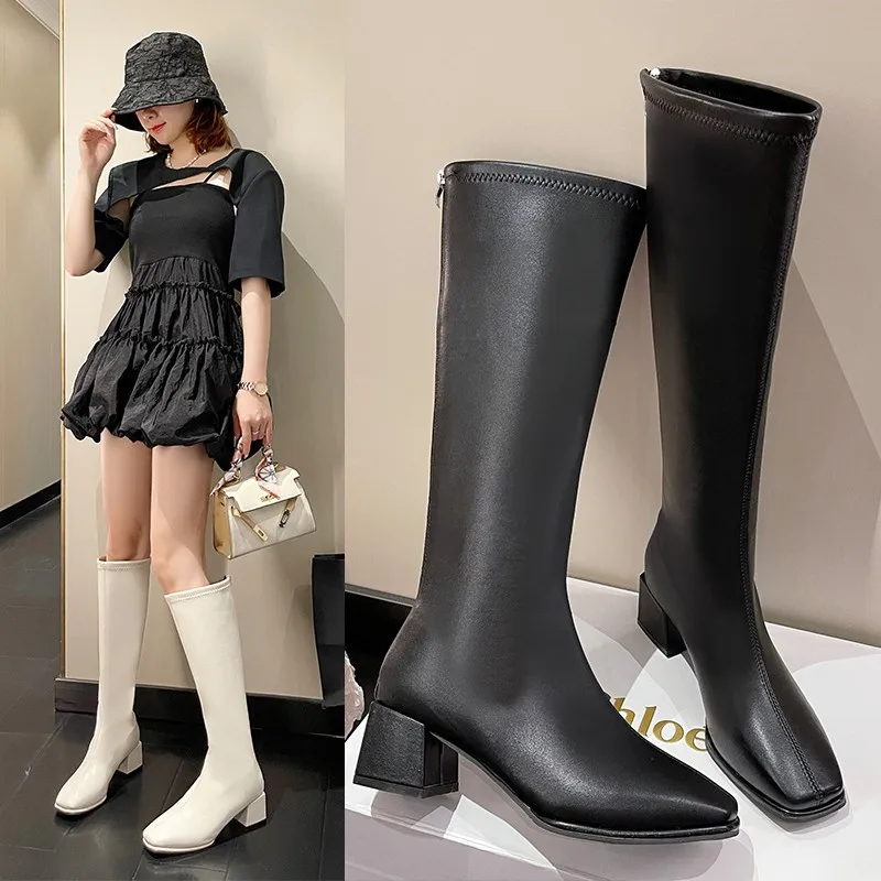 

Новинка Осень/Зима 2022, женские сапоги Челси до колена, модные мотоциклетные сапоги на высоком каблуке, женские зимние сапоги на молнии 1