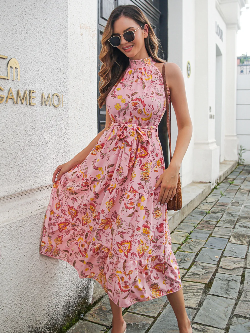

Summer Vintage Print Women's Chiffon Long Dress Sleeveless Halter Large Swing Beach Holiday Dress Sexy Party Dresses Vestidos