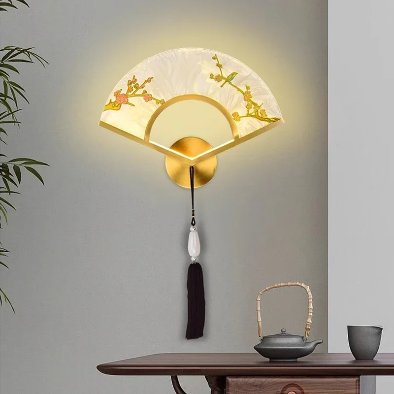 

New Chinese Style Copper Wall Lamps Enamel Color Living room Background Bedroom Aisle Fan Shape Decorations LED Lightings nordic