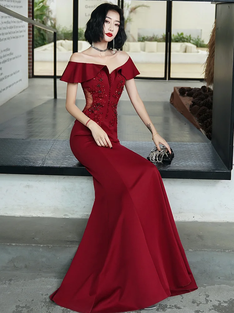 

Потрясающее платье с открытыми плечами винного красного цвета, новинка 2023, свадебное приталенное платье рыбий хвост для невесты, женское пл...