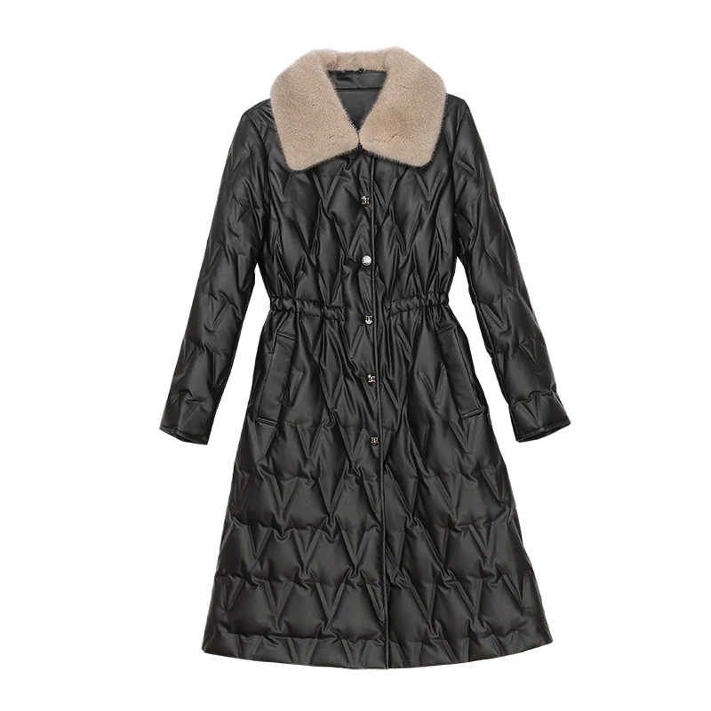 New Women Leather Down Coat Winter Casual Warm Mink Fur Collar Drawstring Waist Sheep Leather Long Down Jacket Thicken Outerwear