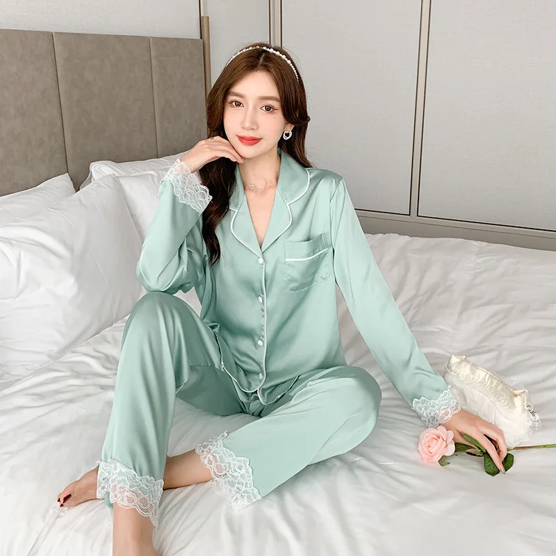 

Womens Ice Silk Pajama Set Sexy Lace Comfortable Nightwear Long Sleeve Long Pant Pajama Set Soft PJ Loungewear