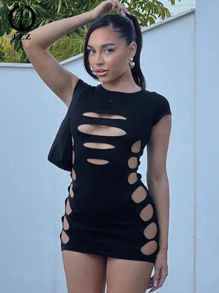 

Black Sexy Cut Out Short Dresses for Women Summer Sleeveless Mini Dress See Through Night Club Outfits Dress Coquette Vestidos