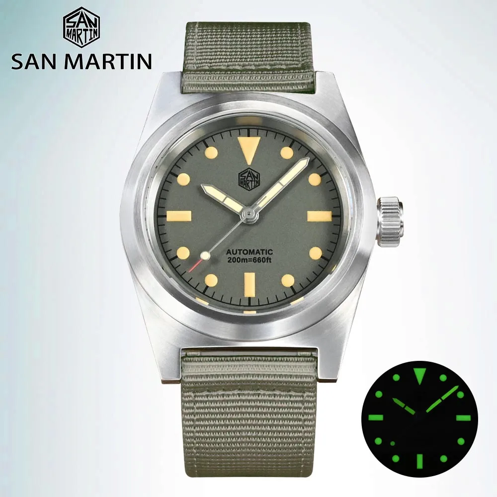 

San Martin 38mm Men's Automatic Mechanical Watches Military Pilot Watch Vintage Enthusiasts YN55 Nylon Strap C3 Luminous 20Bar