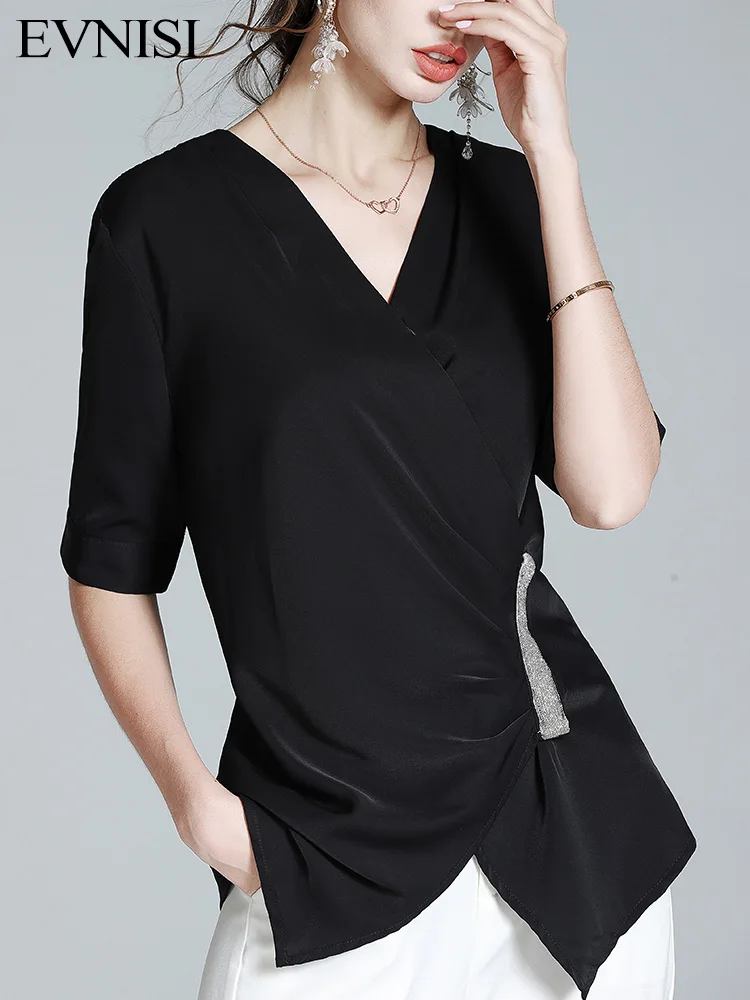 

EVNISI Black Sexy V-Neck Cross Blouse Fashion Slim Irregular Chiffon Summer Short Sleeve Elegant Bandage Shirt Women Ladies Tops
