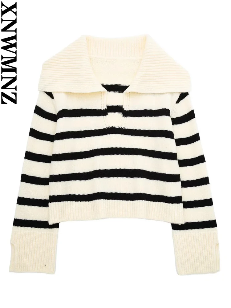 

XNWMNZ Women Fashion Oversized Striped Knit Sweater Vintage Lapel Collar V Neck Long Sleeve Female Pullovers Chic Tops