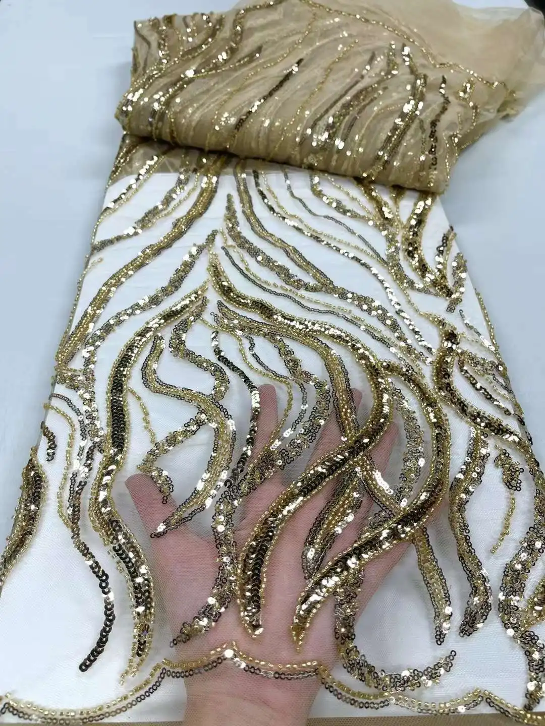 

African Lace Fabric New Arrival 2022 high Quality Gold Sequin Beaded Fabric Embroidery Lace Fabric for party dress JY-0047