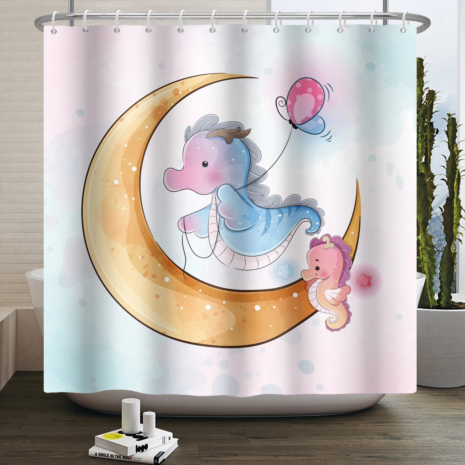 

Waterproof Cartoon Kids Shower Curtains Home Bathroom Decoration Creative Cute Seahorse Moon Pattern Shower Curtain With Hooks