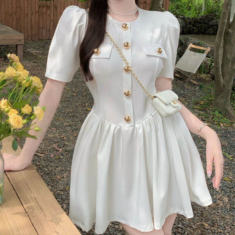 

Женское шифоновое платье-трапеция, однотонное платье во французском стиле с круглым вырезом и короткими рукавами-пузырями, с завышенной та...