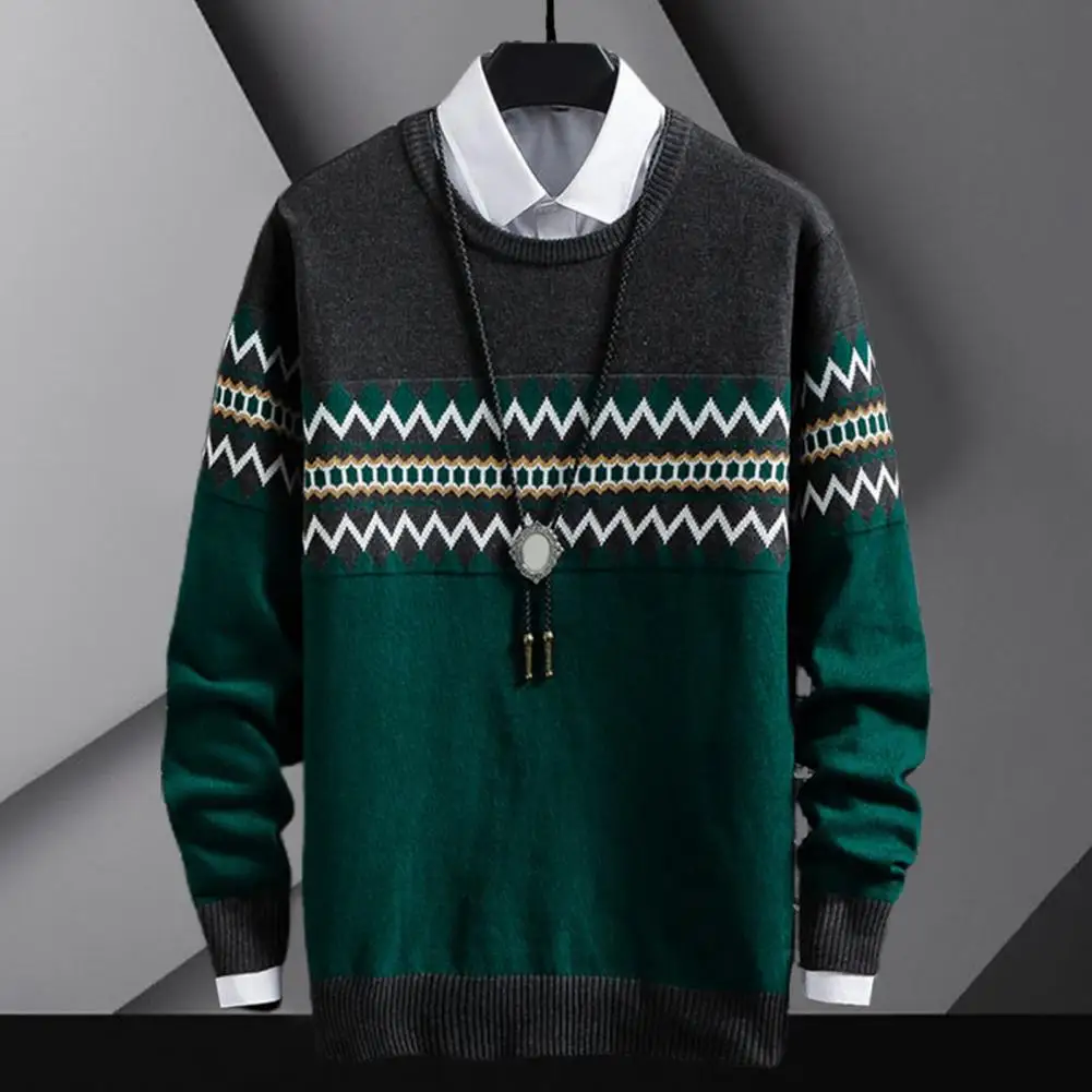 

Autumn Winter Men Pullover Sweater Contrast Color Crew Neck Knitwear Slim Fit Knitting Outwear Streetwear