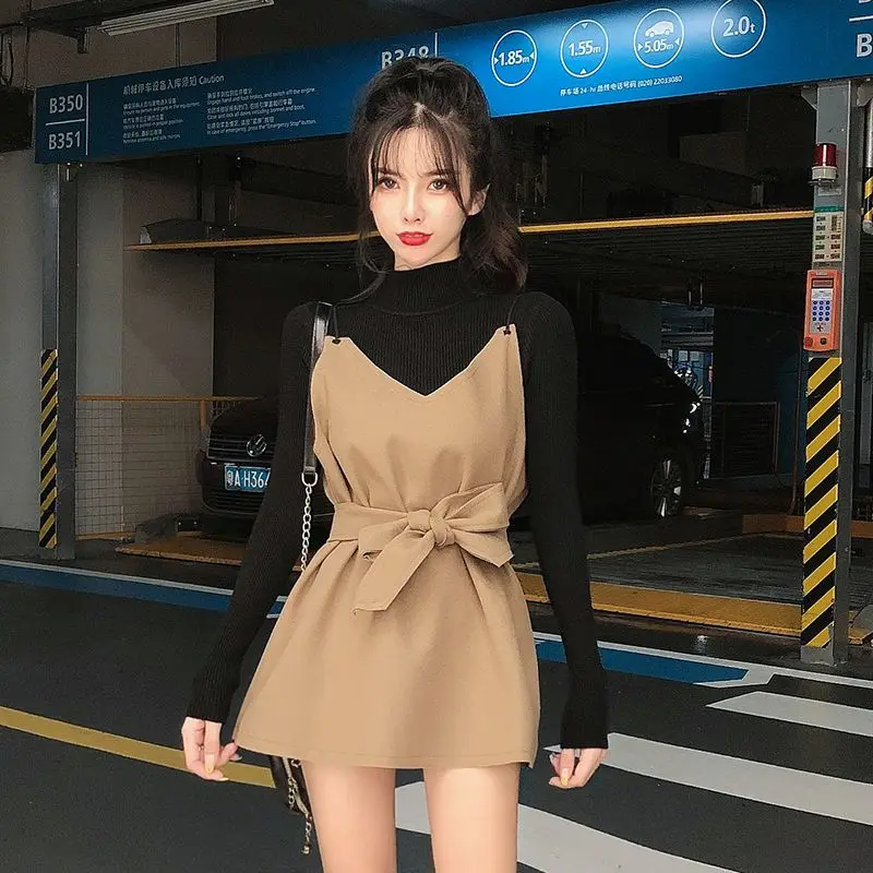 

Women's Spring Autumn Single/suit Korean Version Sweater Bottoming Shirt with Waist Closing Thin Woolen Slip Dress Two-piece Set