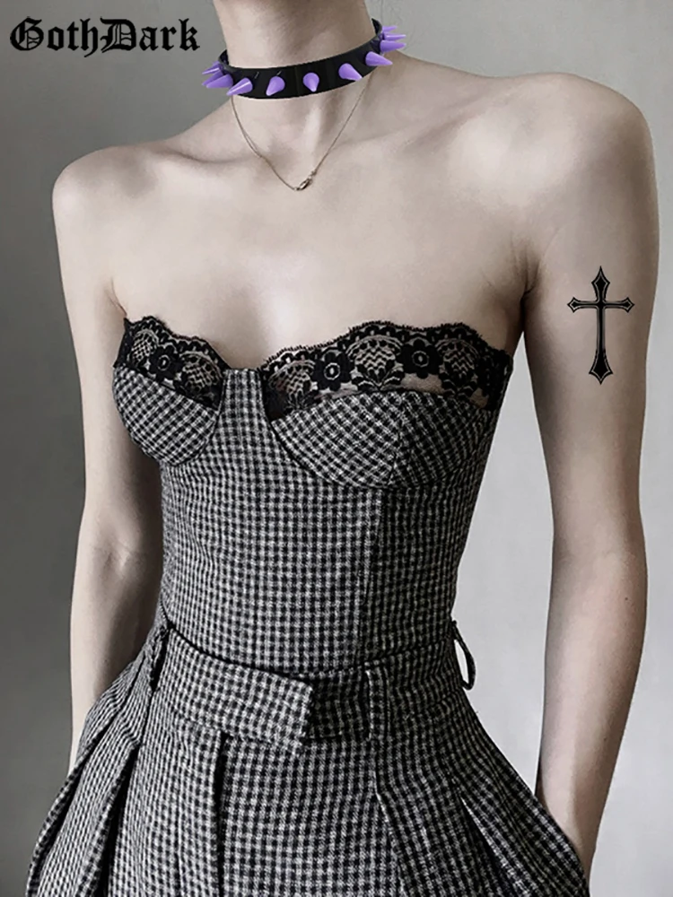 

Goth Dark, элегантный клетчатый бандажный женский топ-труба, готический гранж, кружевная отделка, сексуальный бюстье, укороченный топ, Y2k, открыт...