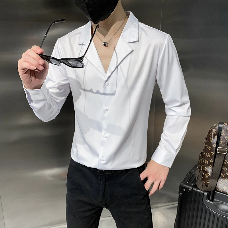 High Quality Solid Color Shirts for Men Long Sleeve Slim Casual Shirt Business Social Dress Shirt Show Party Tuxedo Man Clothing