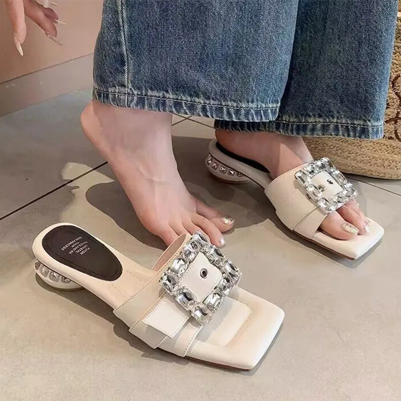 

Шлепанцы женские со стразами, повседневные сандалии на среднем каблуке, пляжные классические, сланцы, с открытым носком, лето 2023