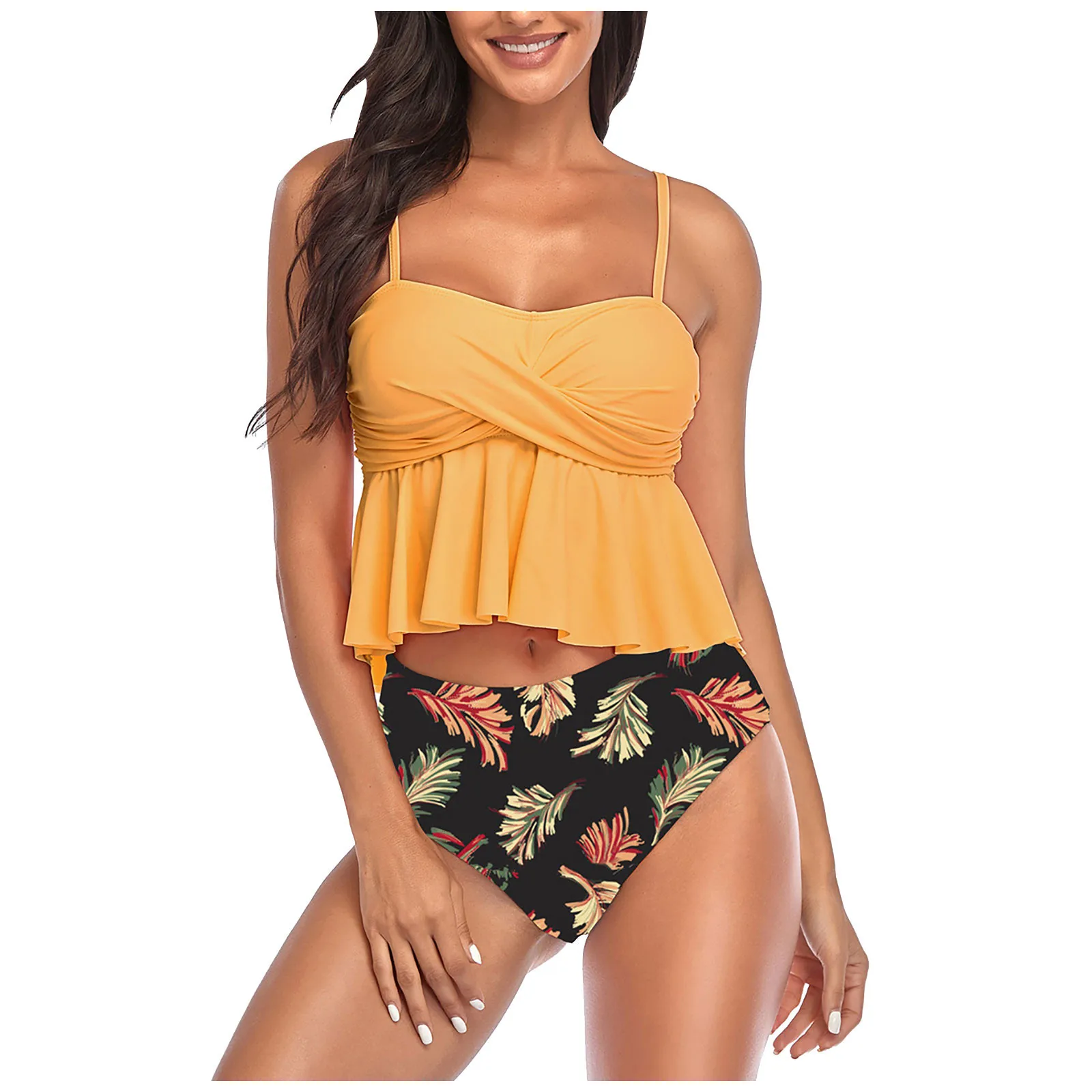 

Купальник-танкини Smock с принтом в виде желтых листьев, женский купальник из двух предметов с оборками и высокой талией, купальные костюмы в с...