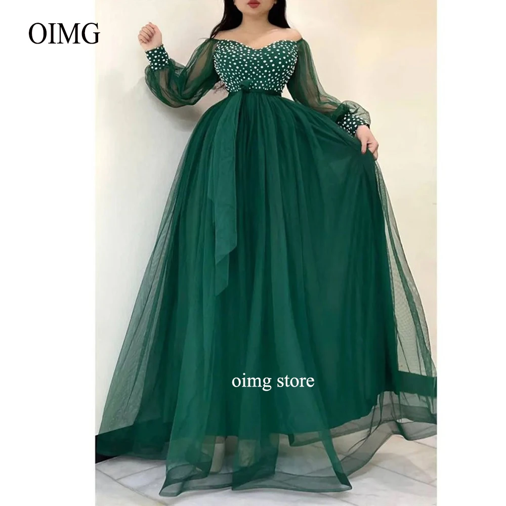 

Off the Shoulder Green Dotted Tulle Puff Long Sleeves Prom Dresses Plus Size Arabic Women Formal Burgundy Evening Gowns