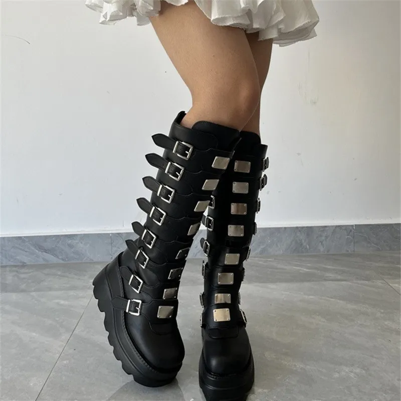 2022 New Fashion Spring Autumn Knee High Boots High Rainbow Wedges Chunky Platform Comfy Walking Gothic Style Women Shoes