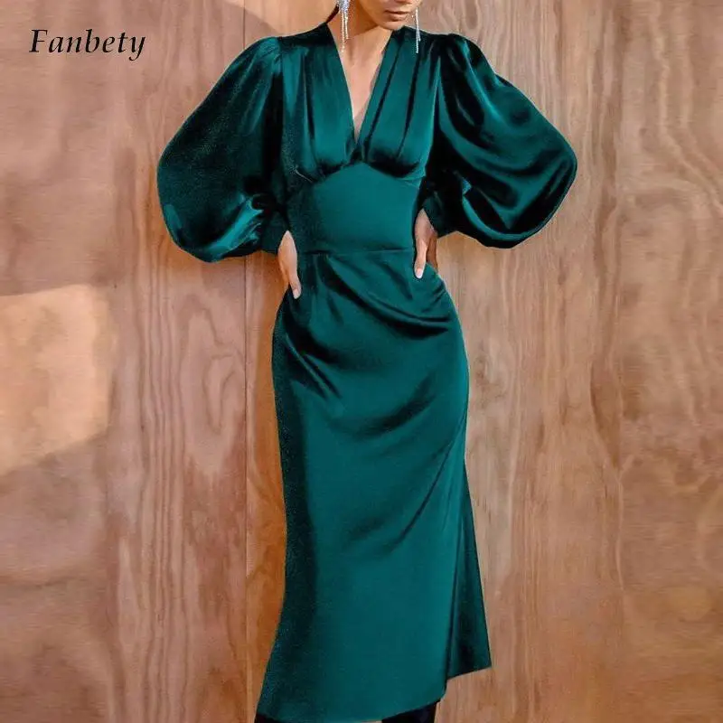 

Office Elegant Deep V-neck Satin Dress Women Fashion High Waist Waist Party Dress Casual Lantern Long Sleeve Solid Midi Dresses