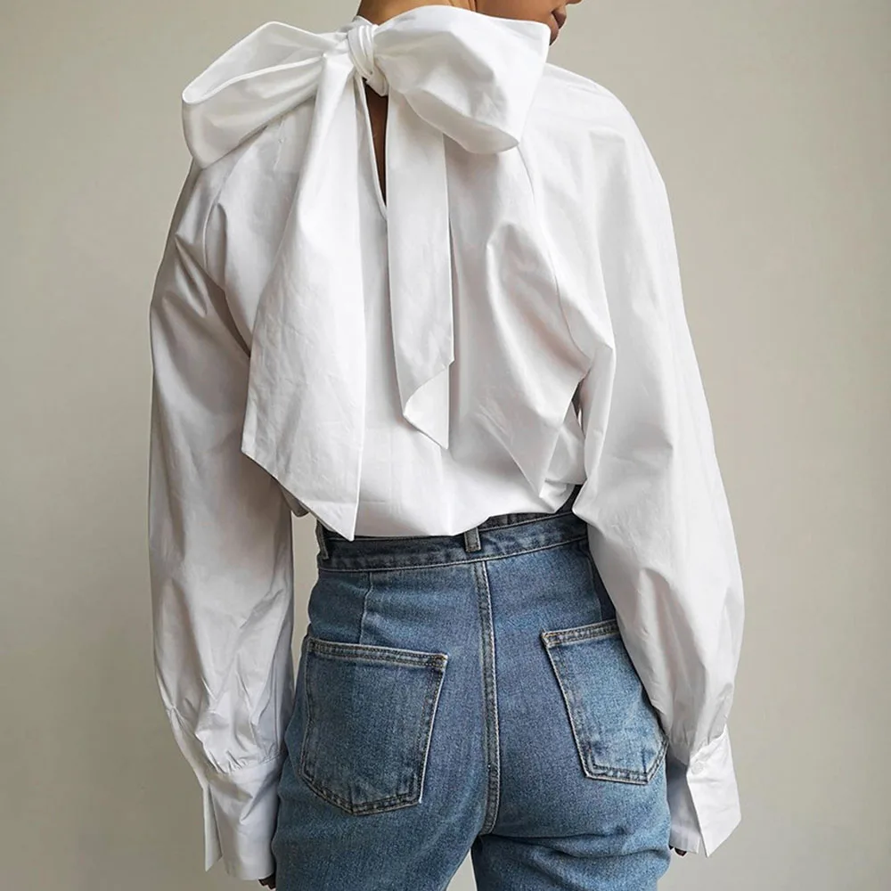 

Women's Blouse Stand Collar Plain Bowknot Long Sleeve White Shirt 2022 Spring Summer Fashion Elegant Ladylike Plain Female Tops