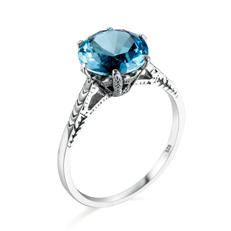 

Classic Aquamarine Rings Real 925 Sterling Silver Ring for Women Dating Cute Romantic Trendy BIirthday Gift Bridal Fine Jewelry