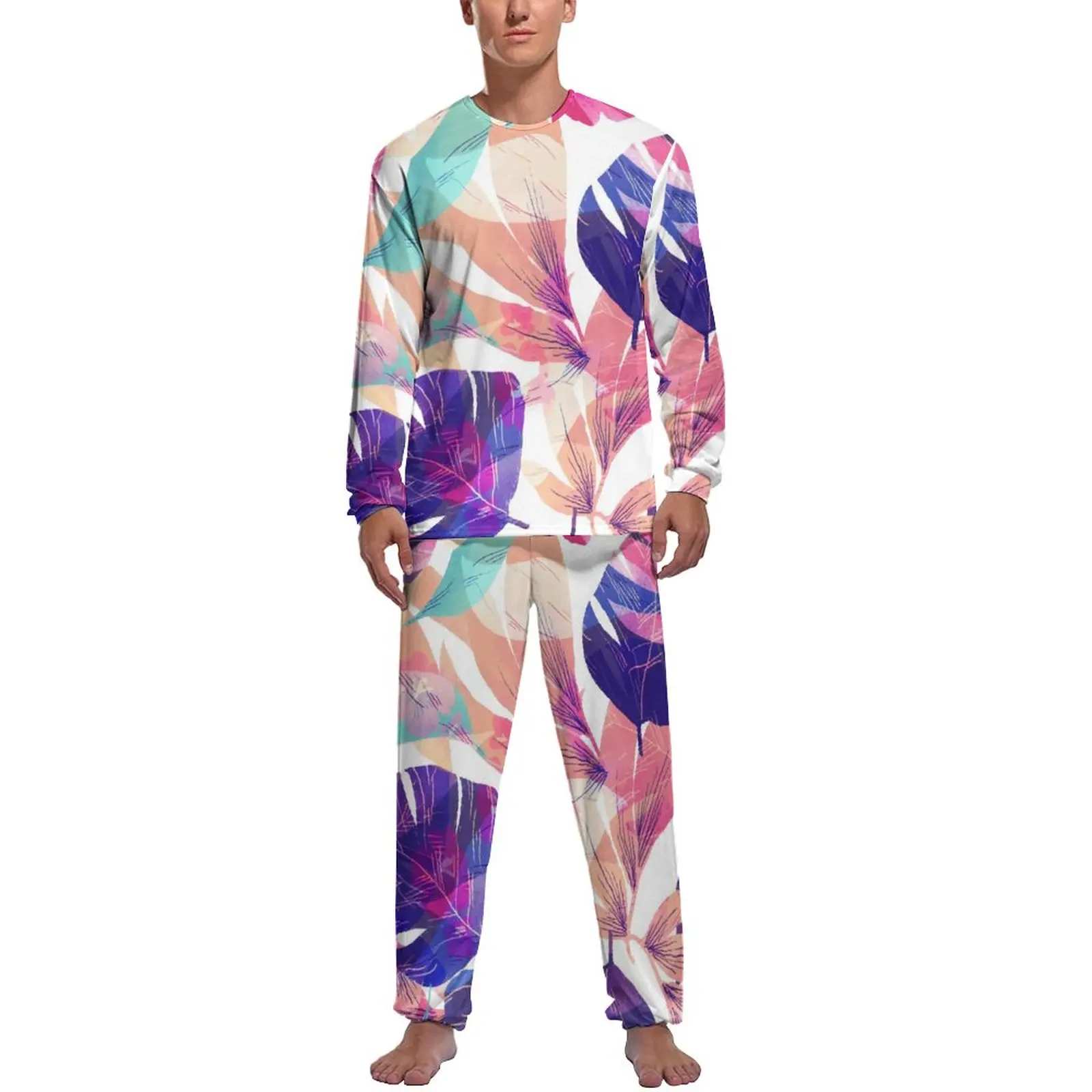 Colorful Leaf Print Pajamas Long-Sleeve Tropical Floral 2 Piece Bedroom Pajamas Set Spring Male Custom Fashion Sleepwear