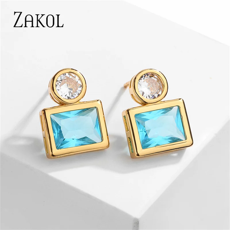 

ZAKOL Модные Серебристые прямоугольные циркониевые серьги-гвоздики для элегантных женщин, милый светильник, синие кубические циркониевые ве...