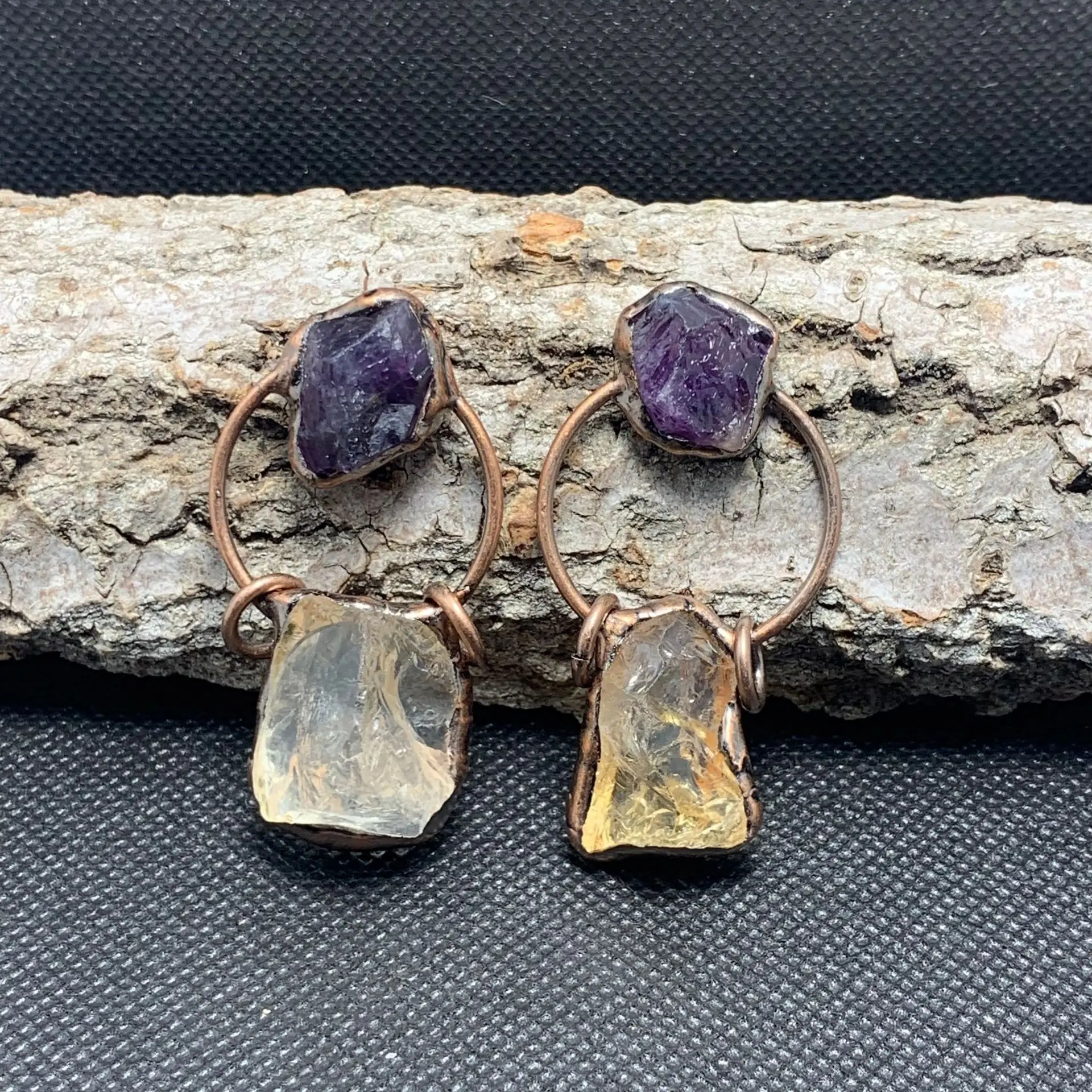 

Natural Amethyst Yellow Citrine Bronze Pendant Raw Stone Antique Copper Charms for Necklace Healing Crystal Vintage Jewelry