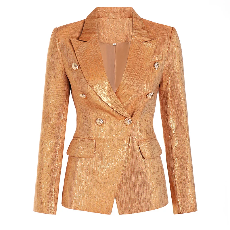 Size XXL Gold Color Women Formal  Blazer Bling Bling  Stunning Shinny Slim Fitness Retro Coat For Lady Outwear Jackets