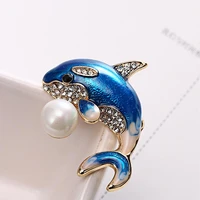 1pc cute blue dolphin with pearl animal brooches pin lapel badge suits students kids friends men women jewelry gift