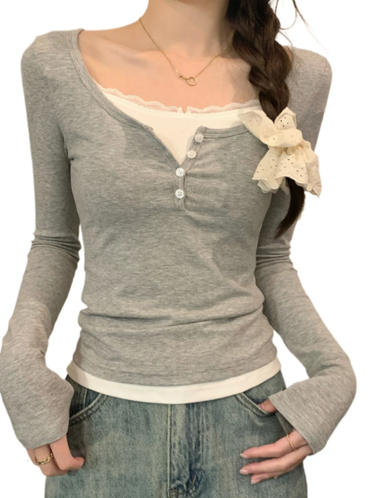 Контрастный цвет кружевная строчка квадратный воротник длинный рукав