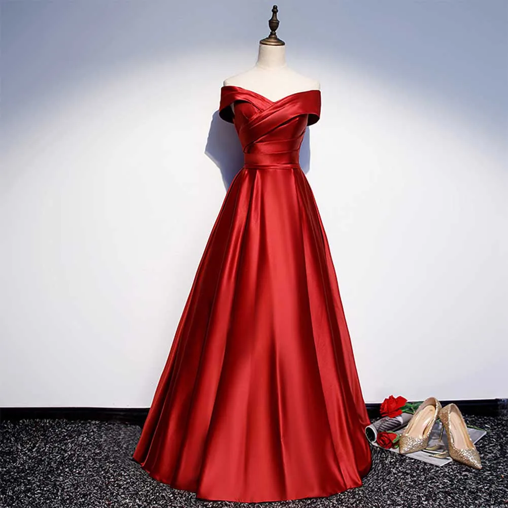 

2023 New Ladies Elegant Red Long V-Neck A-Line Floor Satin Sleeveless Cap Sleeves Pleated Prom Dress Formal Dress Party Dress