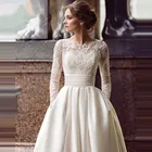 Кружевное свадебное платье с аппликацией для невесты, с круглым вырезом и длинными рукавами, винтажное атласное свадебное платье, индивидуальный пошив, женское элегантное платье